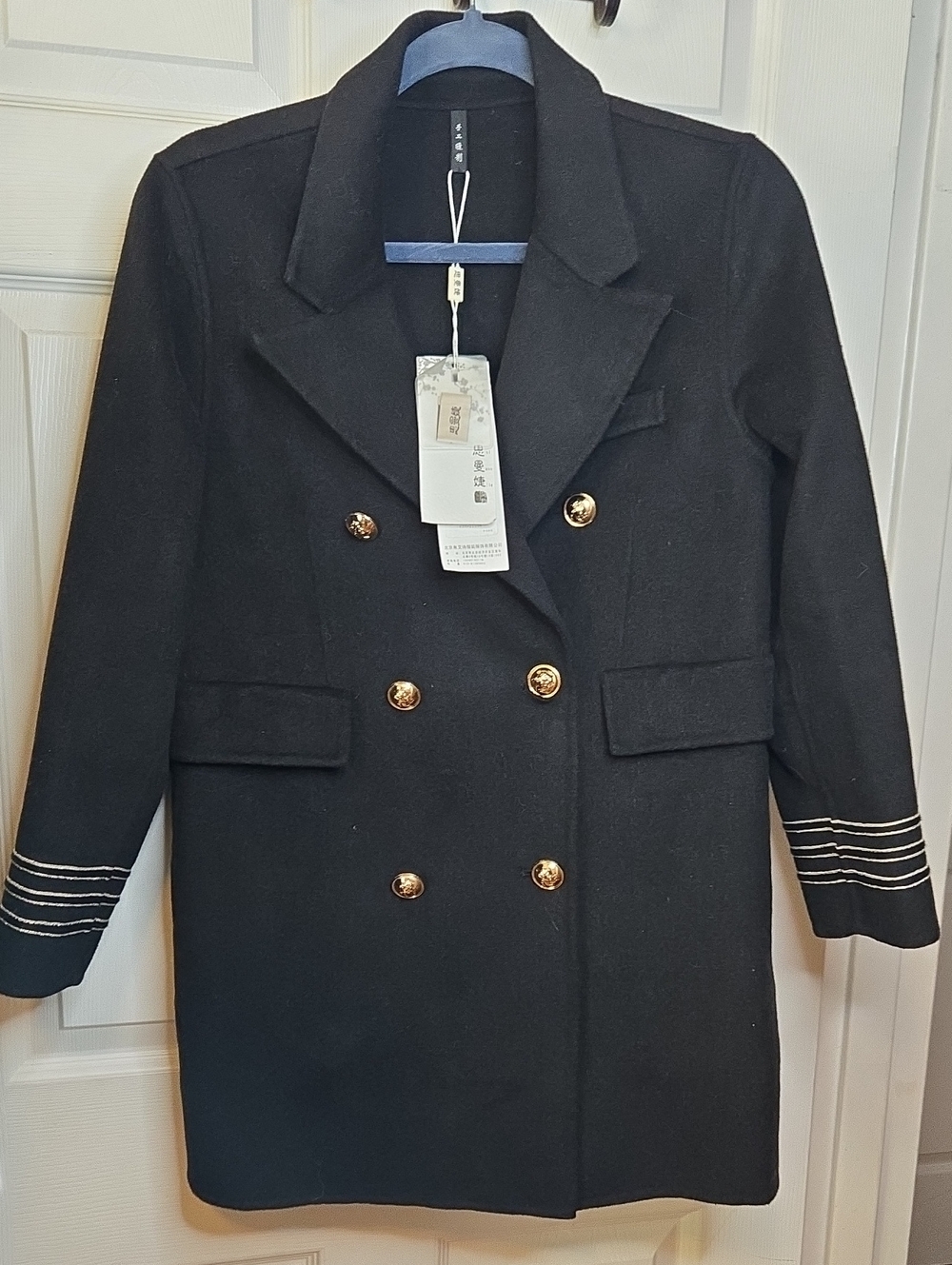 Hand Sewn Wool-Blend Double-Breasted Black Coat with Gold Buttons Retail 729.00